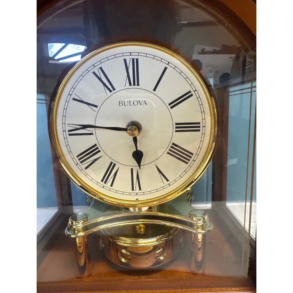 Bulova Wood Mantel Clock B1845 Chadbourne Rotating Pendulum Brown Gold Tone